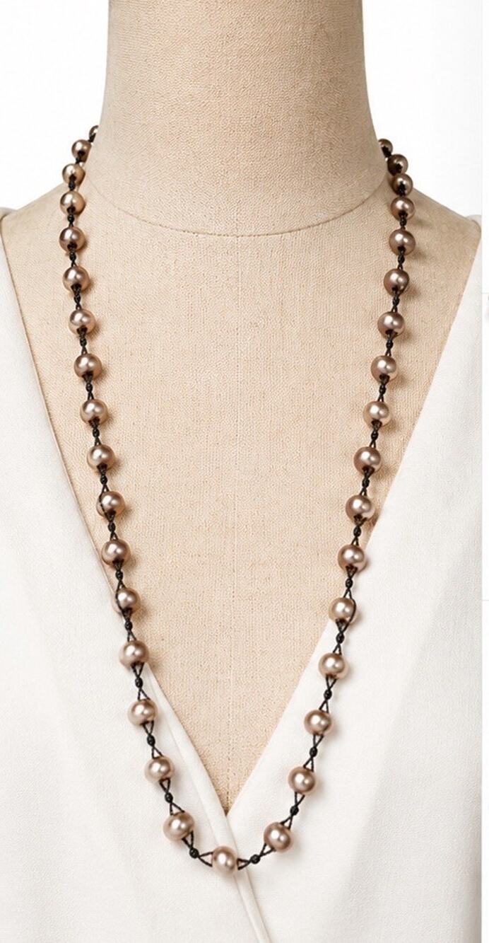 J.CREW CHAMPAGNE FAUX PEARL LONG KNOTTED NECKLACE BLACK CORD STATEMENT